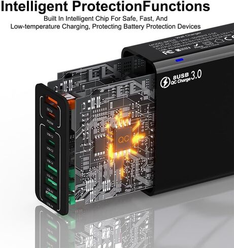 شاحن USB سريع 8 في 1 مقاوم للماء، محطة شحن سطح المكتب 8 منافذ، منفذ توصيل شاحن الهاتف أثناء السفر، مع 4 منافذ USB من النوع C و4 منافذ USB للسفر في المنزل والمكتب (أبيض) in Kuwait