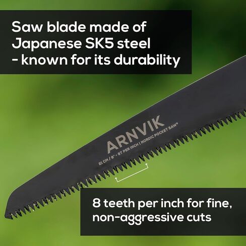 Nordic Pruning Saw for Gardening & Folding Saw Bushcraft - Arnvik - 8 Teeth per Inch - 8 in Hardened SK5 Steel Blade for Wood - For Cutting Trees in Your Garden or Firewood when Camping in Saudi Arabia