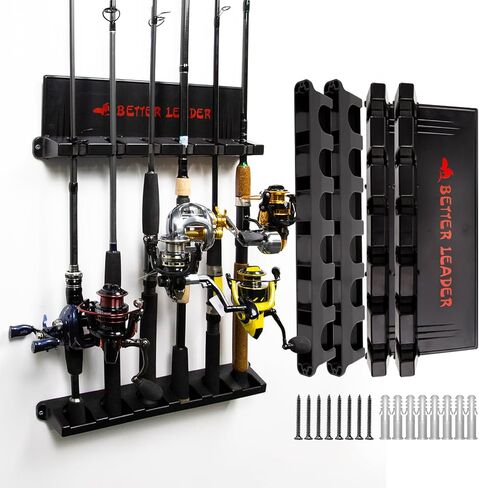 2 Pack Vertical Fishing Rod Holder for Garage, BETTER LEADER Fishing Pole Holders- Holds Up to 12 Rods or Combos, Wall Mount Fishing Pole Rack, Fits Most Rods of Diameter 3-19mm, Fishing Gifts for Men in Saudi Arabia
