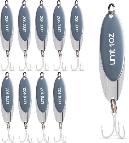 UMT Chrome Fishing Spoon Lure 3/4oz,1oz, 2oz – Sharp 3/0 Treble Hook for Freshwater & Saltwater Bluefish, Trout, Steelhead 1, 5, 10 Pack Options in Kuwait