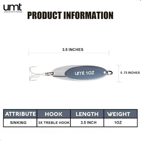 UMT Chrome Fishing Spoon Lure 3/4oz,1oz, 2oz – Sharp 3/0 Treble Hook for Freshwater & Saltwater Bluefish, Trout, Steelhead 1, 5, 10 Pack Options in Kuwait