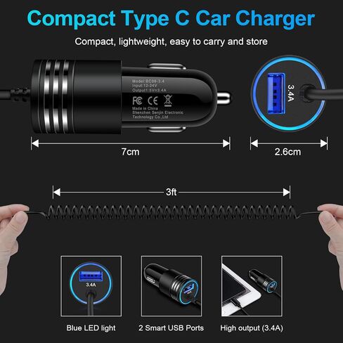 Android Car Charger Type C Samsung Car Charger Fast Charging for Samsung Galaxy A14/A04S/A53 5G/A13/A03S/S23/S23 Ultra/S23 Plus/S22/S21fe/S20/Z Flip4/Z Fold4/A12/A32, 3.4A Car Adapter+3ft USB C Cable in Saudi Arabia