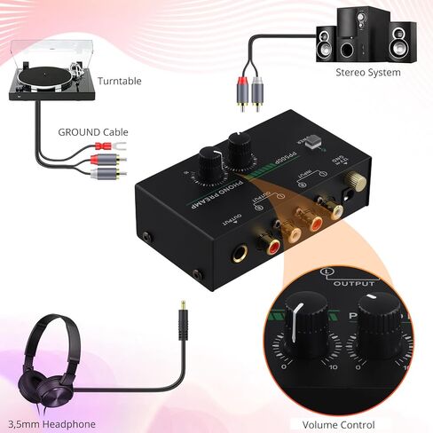 Phono Turntable Preamp, Phonograph Preamplifier with R C A Input, TRS Output, for Turntable Record Play US Plug in Saudi Arabia