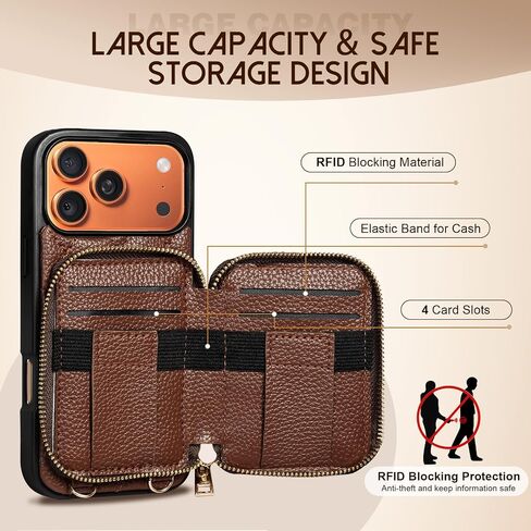 TiMOVO for iPhone 17 Pro Max Wallet Case, RFID Blocking PU Leather Cover for Women, Anti-Theft Wrist Strap, Brown in Saudi Arabia