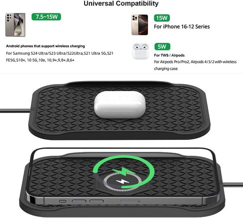 Wireless Car Charger Silicone Pad, for iPhone12/11 Pro/XS/XR/8/8Plus,15W Fast Car Wireless Charging Non-Slip Mat, for Samsung S21/S22/S23/S24/S25/Androids,80cm Cable, Black in Saudi Arabia