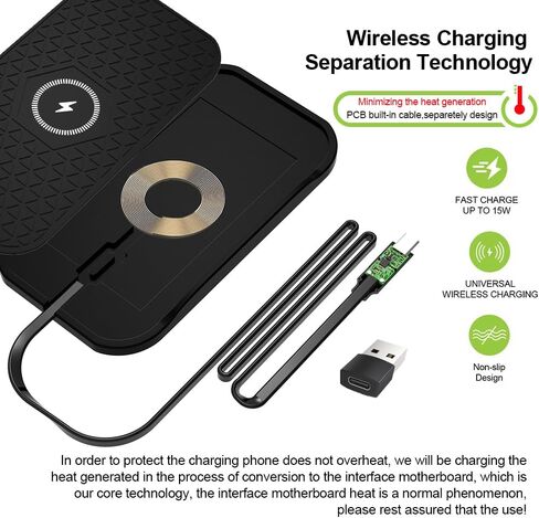 Wireless Car Charger Silicone Pad, for iPhone12/11 Pro/XS/XR/8/8Plus,15W Fast Car Wireless Charging Non-Slip Mat, for Samsung S21/S22/S23/S24/S25/Androids,80cm Cable, Black in Saudi Arabia