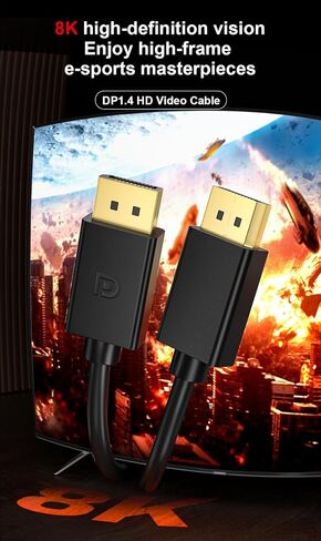 كابل QCEs DisplayPort 1.4، كابل DP 6.6ft 8K، سلك منفذ عرض لـ 8K@60 هرتز، 4K@144 هرتز، 2K@240 هرتز، HDR، موصلات مطلية بالذهب 32.4 جيجابت في الثانية لشاشة الألعاب، FreeSync/G-Sync، الكمبيوتر الشخصي، الكمبيوتر المحمول، التلفزيون in Kuwait