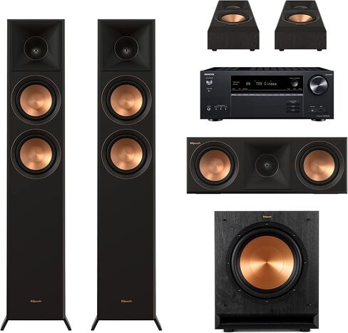نظام المسرح المنزلي Klipsch Reference Premiere RP-5000F II باللون الأبنوسي 5.1 مع مكبرات صوت 5.25 بوصة، وصوت Dolby Atmos الغامر مع جهاز استقبال Onkyo TX-NR6100 7.2 قناة AV in Saudi Arabia