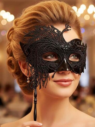 Yokawe Black Masquerade Mask with Stick Lace Handheld Ball Masks Mardi Gras Costume for Women in Saudi Arabia