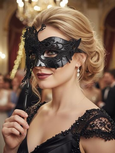 Yokawe Black Masquerade Mask with Stick Lace Handheld Ball Masks Mardi Gras Costume for Women in Saudi Arabia