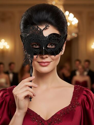 Yokawe Black Masquerade Mask with Stick Lace Handheld Ball Masks Mardi Gras Costume for Women in Saudi Arabia