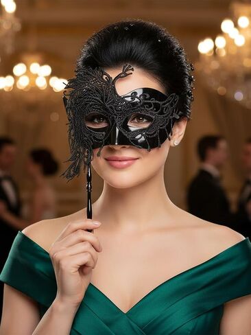 Yokawe Black Masquerade Mask with Stick Lace Handheld Ball Masks Mardi Gras Costume for Women in Saudi Arabia