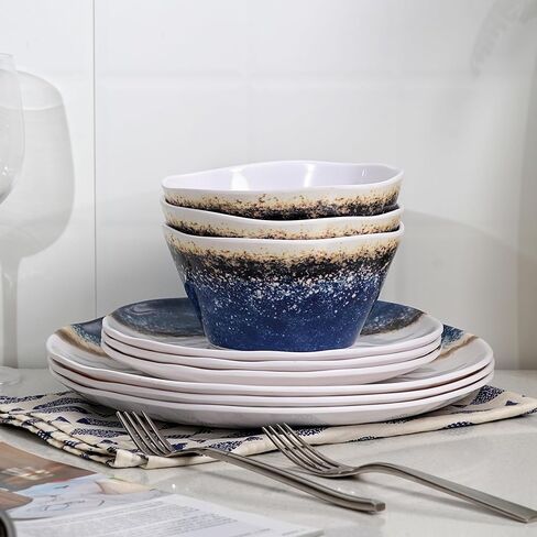 12PCS Melamine Dishes Set Blue, Plates and Bowls Sets for Boat, Unbreakable Dinnerware Sets for RVS,Lightweight and Durable, Just Stack them directly in the Backpack in Saudi Arabia