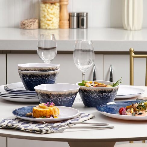 12PCS Melamine Dishes Set Blue, Plates and Bowls Sets for Boat, Unbreakable Dinnerware Sets for RVS,Lightweight and Durable, Just Stack them directly in the Backpack in Saudi Arabia