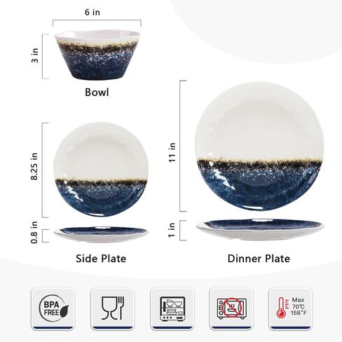12PCS Melamine Dishes Set Blue, Plates and Bowls Sets for Boat, Unbreakable Dinnerware Sets for RVS,Lightweight and Durable, Just Stack them directly in the Backpack in Saudi Arabia