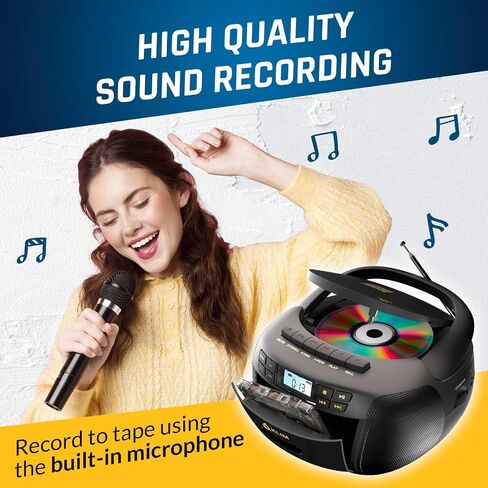 KLIM CD Player & Cassette Tape Player, Bluetooth Boombox, AM/FM Radio, Stereo Sound, Remote, CD and Cassette Combo, Tape Recording, USB Drive, AUX, AC/DC Powered - Black/Gold in Kuwait