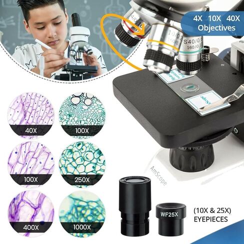 AmScope M158C-2L-PS25 مجهر أحادي مركب لاسلكي، عدسات WF10x وWF25x، تكبير 40x-1000x، إضاءة LED العلوية والسفلية مع مقاومة متغيرة، برايتفيلد، مكثف أحادي العدسة، تركيز محوري خشن ودقيق، مرحلة عادية، 110 فولت أو بطارية in Kuwait
