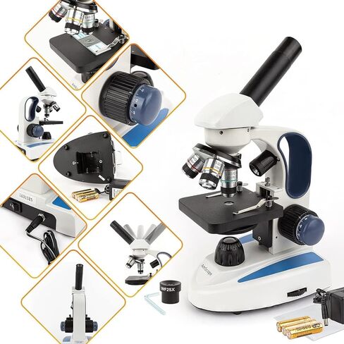AmScope M158C-2L-PS25 مجهر أحادي مركب لاسلكي، عدسات WF10x وWF25x، تكبير 40x-1000x، إضاءة LED العلوية والسفلية مع مقاومة متغيرة، برايتفيلد، مكثف أحادي العدسة، تركيز محوري خشن ودقيق، مرحلة عادية، 110 فولت أو بطارية in Kuwait