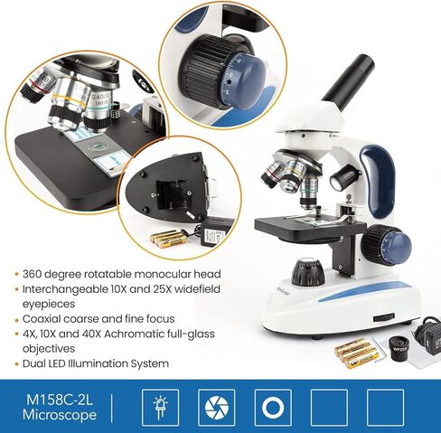 AmScope M158C-2L-PS25 مجهر أحادي مركب لاسلكي، عدسات WF10x وWF25x، تكبير 40x-1000x، إضاءة LED العلوية والسفلية مع مقاومة متغيرة، برايتفيلد، مكثف أحادي العدسة، تركيز محوري خشن ودقيق، مرحلة عادية، 110 فولت أو بطارية in Kuwait