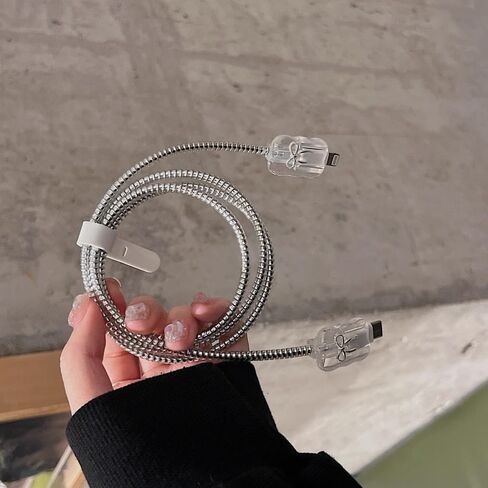 واقي شاحن لطيف متوافق مع محول شاحن iPhone 18W/20W، تصميم عقدة لامعة فاخرة وشفافة وواقي شاحن ناعم وحافظة كابل لطيفة للفتيات والنساء - فضي in Kuwait