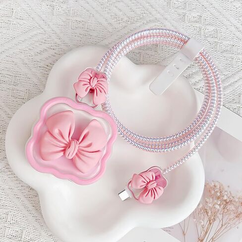 5 قطع غطاء شاحن لطيف بتصميم ربطة عنق ثلاثية الأبعاد وواضحة وناعمة لحماية كابل Kawaii متوافق مع هاتف iPhone 20W USB-C (وردي) in Saudi Arabia