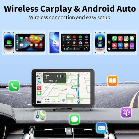 شاشة CarPlay للسيارة، CarPlay لاسلكية مقاس 9 بوصات ونظام Android Auto - شاشة لمس ذكية محمولة مع بلوتوث/FM، وصلة مرآة، التحكم الصوتي، نظام تحديد المواقع العالمي (GPS)، مكالمات بدون استخدام اليدين، شاشة تشغيل السيارة للتوصيل والتشغيل in Kuwait