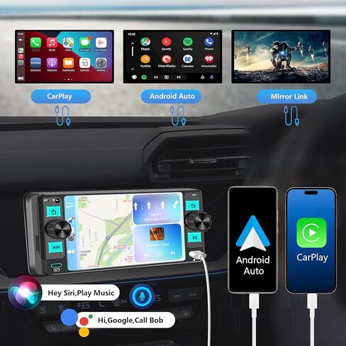 ستيريو سيارة راديو Din واحد مع Apple CarPlay، راديو شاشة تعمل باللمس Din واحد، راديو السيارة بلوتوث يدعم Android Auto، وصلة مرآة، راديو السيارة مع كاميرا احتياطية GPS USB ونوع C FM/AM SWC EQ MIC in Kuwait
