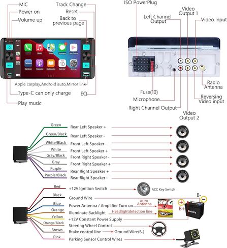 ستيريو سيارة راديو Din واحد مع Apple CarPlay، راديو شاشة تعمل باللمس Din واحد، راديو السيارة بلوتوث يدعم Android Auto، وصلة مرآة، راديو السيارة مع كاميرا احتياطية GPS USB ونوع C FM/AM SWC EQ MIC in Kuwait