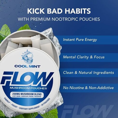 Flow Pouch Mushroom Nootropic Pouches - 200mg Organic Mushroom Energy Ultra Pouches with Lion's Mane, Reishi, Cordyceps for Focus & Clean Energy - Zero Caffeine or Sugar (5 Can Pack, Wintergreen) in Saudi Arabia
