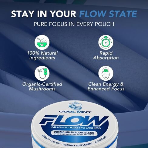 Flow Pouch Mushroom Nootropic Pouches - 200mg Organic Mushroom Energy Ultra Pouches with Lion's Mane, Reishi, Cordyceps for Focus & Clean Energy - Zero Caffeine or Sugar (5 Can Pack, Wintergreen) in Saudi Arabia