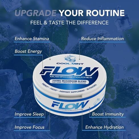 Flow Pouch Mushroom Nootropic Pouches - 200mg Organic Mushroom Energy Ultra Pouches with Lion's Mane, Reishi, Cordyceps for Focus & Clean Energy - Zero Caffeine or Sugar (5 Can Pack, Wintergreen) in Saudi Arabia