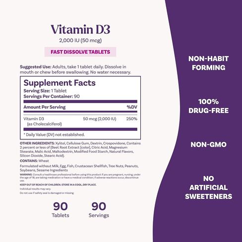 Natrol Fast Dissolve Vitamin D3 2,000 IU, Dietary Supplement for Bone and Joint Health, Bone Support Supplement, 90 Tablets, 90 Day Supply in Saudi Arabia