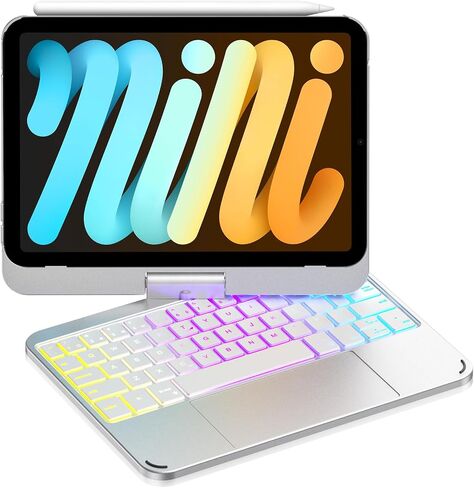 حافظة لوحة مفاتيح Cousper لجهاز iPad mini 7 A17 Pro 2024/ iPad mini 6 Generation 2021 8.3 بوصة مع لوحة تتبع متعددة اللمس، غطاء دوار 360 درجة مع لوحة مفاتيح بإضاءة خلفية قوس قزح لجهاز iPad mini 7/6th Gen، فضي in Kuwait