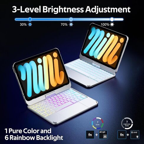 حافظة لوحة مفاتيح Cousper لجهاز iPad mini 7 A17 Pro 2024/ iPad mini 6 Generation 2021 8.3 بوصة مع لوحة تتبع متعددة اللمس، غطاء دوار 360 درجة مع لوحة مفاتيح بإضاءة خلفية قوس قزح لجهاز iPad mini 7/6th Gen، فضي in Kuwait