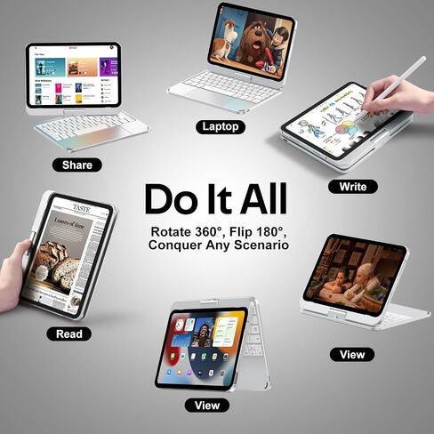 حافظة لوحة مفاتيح Cousper لجهاز iPad mini 7 A17 Pro 2024/ iPad mini 6 Generation 2021 8.3 بوصة مع لوحة تتبع متعددة اللمس، غطاء دوار 360 درجة مع لوحة مفاتيح بإضاءة خلفية قوس قزح لجهاز iPad mini 7/6th Gen، فضي in Kuwait