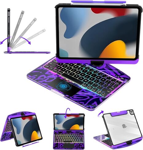 حافظة لوحة مفاتيح شفافة لجهاز iPad Pro مقاس 13 بوصة (M4/M5 2024/2025)، لوحة تتبع متعددة اللمس دوارة 360 درجة، مع بلوتوث لاسلكي 3 سطوع وإضاءة خلفية 7 ألوان، حامل قلم رصاص واختصارات لوحة المفاتيح أسود in Kuwait