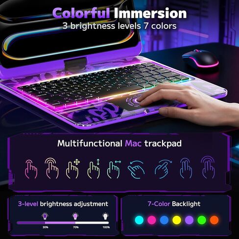 حافظة لوحة مفاتيح شفافة لجهاز iPad Pro مقاس 13 بوصة (M4/M5 2024/2025)، لوحة تتبع متعددة اللمس دوارة 360 درجة، مع بلوتوث لاسلكي 3 سطوع وإضاءة خلفية 7 ألوان، حامل قلم رصاص واختصارات لوحة المفاتيح أسود in Kuwait