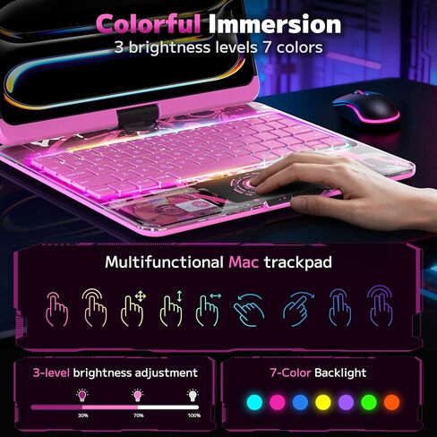 حافظة لوحة مفاتيح شفافة لجهاز iPad Pro مقاس 13 بوصة (M4/M5 2024/2025)، لوحة تتبع متعددة اللمس دوارة 360 درجة، مع بلوتوث لاسلكي 3 سطوع وإضاءة خلفية 7 ألوان، حامل قلم رصاص واختصارات لوحة المفاتيح أسود in Kuwait