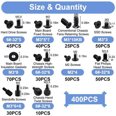 400PCS Computer Motherboard Screws Kit, 10 Assorted Size Replacement Electronic Screws Standoffs Assortment Kit for HDD, SSD, Hard Drive,Fan, Power Supply, Graphics, Laptop, PC Case DIY Build Repair in Saudi Arabia