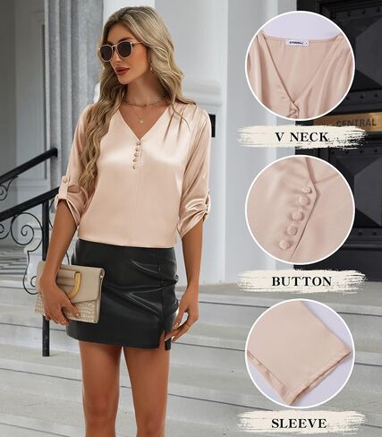 2025 Womens 3/4 Sleeve Shirts Dressy Casual Tops Pleated Satin Silk Business Blouses in Saudi Arabia