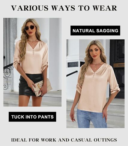 2025 Womens 3/4 Sleeve Shirts Dressy Casual Tops Pleated Satin Silk Business Blouses in Saudi Arabia