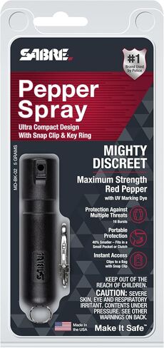 SABRE Mighty Discreet Pepper Spray, Protect Against Multiple Threats with 16 Bursts, Ultra-Compact Design, 40 Percent Smaller Than Other Pepper Sprays, UV Marking Dye, Snap Clip, 0.18 fl oz in Saudi Arabia