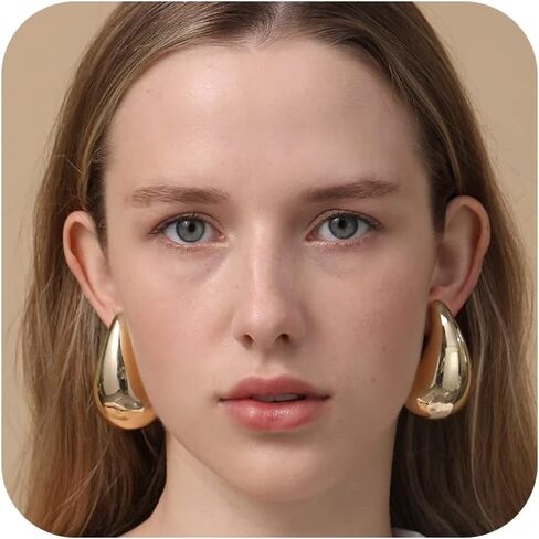 Apsvo Chunky Gold Hoop Earrings for Women, Dupes Earrings Lightweight Waterdrop Hollow Open Hoops, Hypoallergenic Gold Plated Earrings Fashion Jewelry for Women Girls in Kuwait