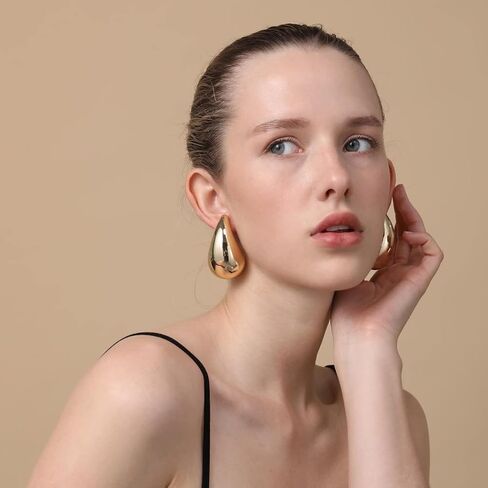 Apsvo Chunky Gold Hoop Earrings for Women, Dupes Earrings Lightweight Waterdrop Hollow Open Hoops, Hypoallergenic Gold Plated Earrings Fashion Jewelry for Women Girls in Kuwait