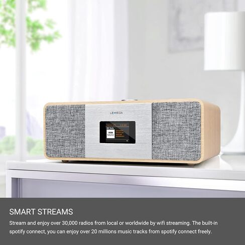 LEMEGA MSY3 Music System,WiFi Internet Radio,FM Digital Radio,Spotify Connect,Bluetooth Speaker,Stereo Sound,Wooden Box,Headphone-Out,Alarms Clock,40 Pre-Sets,Full Remote and App Control - White Oak in Saudi Arabia
