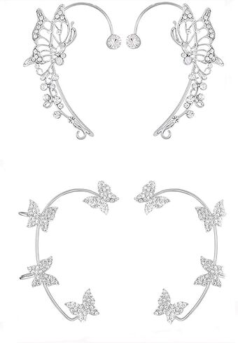 2Pcs Glitter Rhinestone Butterfly Ear Cuff Vintage Non-Piercing Fake Earrings Bridal Wedding Climber Ear Wrap Prom Ball Ear Jewelry for Women Girls in Saudi Arabia
