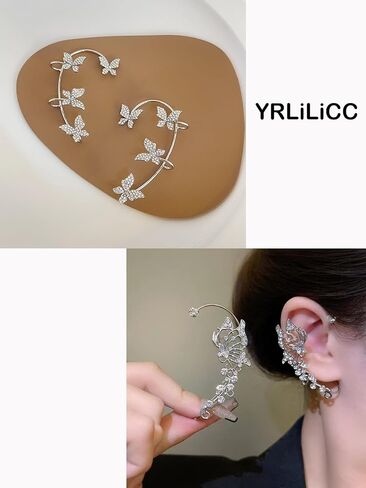 2Pcs Glitter Rhinestone Butterfly Ear Cuff Vintage Non-Piercing Fake Earrings Bridal Wedding Climber Ear Wrap Prom Ball Ear Jewelry for Women Girls in Saudi Arabia
