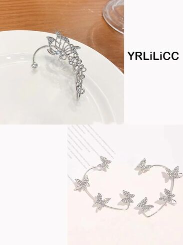 2Pcs Glitter Rhinestone Butterfly Ear Cuff Vintage Non-Piercing Fake Earrings Bridal Wedding Climber Ear Wrap Prom Ball Ear Jewelry for Women Girls in Saudi Arabia