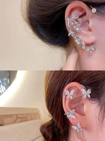 2Pcs Glitter Rhinestone Butterfly Ear Cuff Vintage Non-Piercing Fake Earrings Bridal Wedding Climber Ear Wrap Prom Ball Ear Jewelry for Women Girls in Saudi Arabia