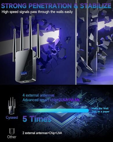 معزز إنترنت موسع WiFi، مضخم صوت أجهزة التوجيه اللاسلكية طويلة المدى، شبكة Wi-Fi أسرع بنسبة 80% | أوسع من أي وقت مضى، 1 انقر فوق الإعداد، ودعم المزيد من أجهزة الشبكة في المنزل in Kuwait